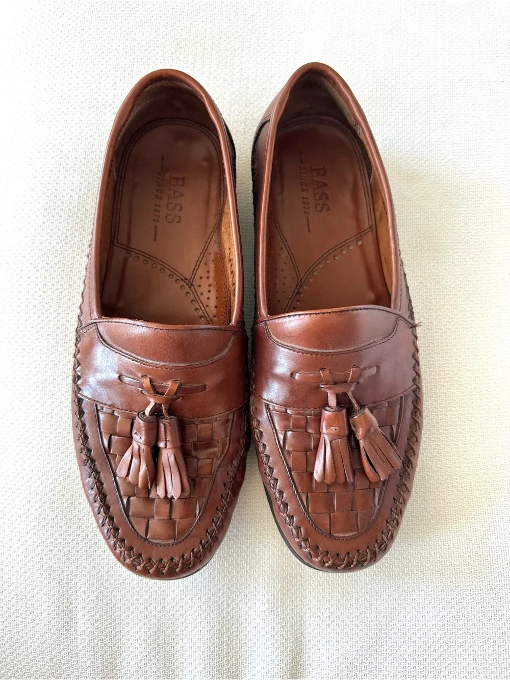 GH Bass Weejuns Mens Size 8 Loafers Brown Leather Woven Tassel Bellagio Moc Toe